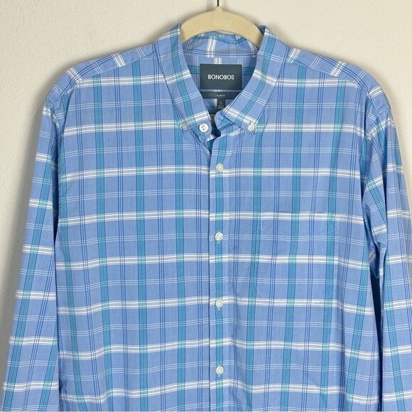 Bonobos Slim Fit Blue Plaid Cotton Stretch Everyday Button Up Shirt L - Picture 2 of 8